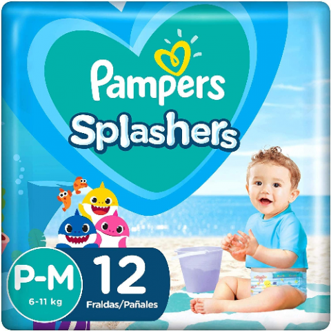 Fralda Pampers Splashers Baby Shark P-M 12 Unidades