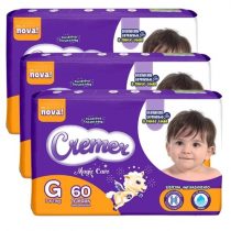 3 Pacotes de Fralda Cremer Baby Hiper G 60 unidades cada