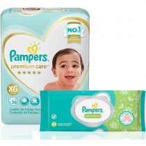Fralda Pampers Premium Care XG 26 Unidades + Lenços Umedecidos Aloe Vera 48 Unidades