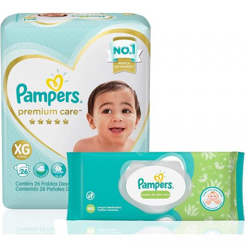 Fralda Pampers Premium Care XG 26 Unidades + Lenços Umedecidos Aloe ...