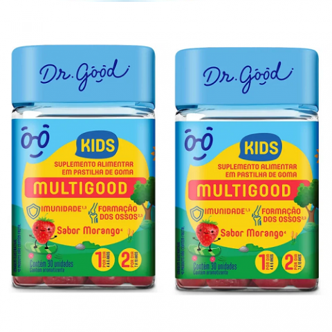 2 Embalagens de Suplemento Multigood Kids Dr Good Morango com 30 Gomas cada