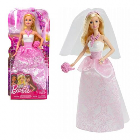 Boneca Barbie Noiva em Vestido Branco e Rosa com Véu e Buquê