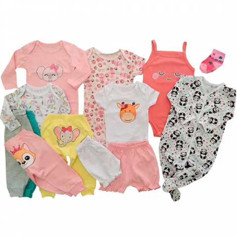 Kit 13 Peças Roupa Bebê Menina contendo Body Bebê Mijão Liso Estampado Macacão Shorts e Meia