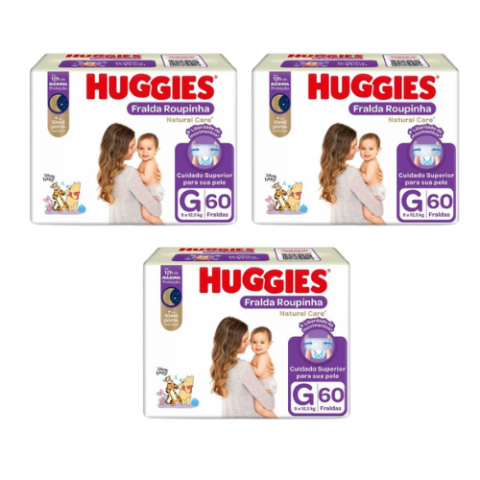 3 Pacotes Fralda Huggies Roupinha Natural Care G 60 unidades cada