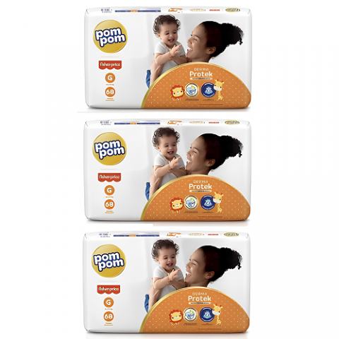 3 Pacotes Fralda Pom Pom Derma Protek G 68 unidades