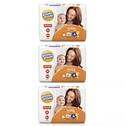 3 Pacotes Fralda Pom Pom Derma Protek M 86 Unidades
