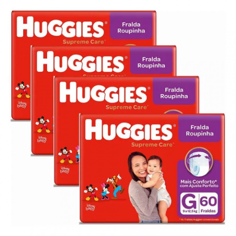 4 Pacotes Fralda Huggies Roupinha Supreme Care G 60 unidades