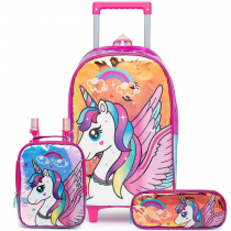 Kit Escolar Mochila De Rodinha Infantil Menina Unicórnio + Lancheira Térmica+ Estojo Necessaire