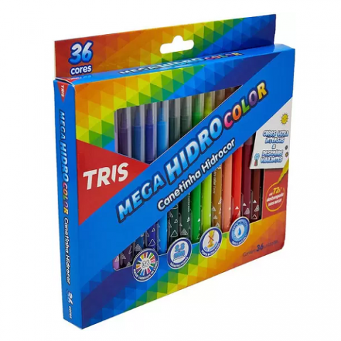 Canetinha Tris 36 Cores Mega Hidrocolor Cores Intensas
