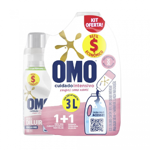 Kit Garrafa Para Diluição + Sabão Líquido Refil Omo Cuidado Intensivo 500ml
