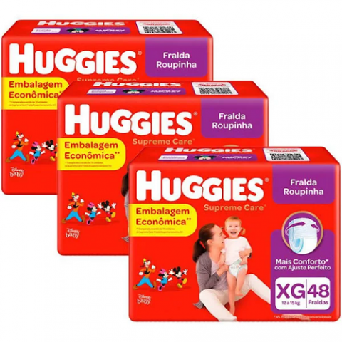 3 Pacotes Fralda Huggies Roupinha Supreme Care XG 48 Unidades