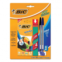 Kit Escolar BIC Lápis de Cor Sextavado + 4 Lápis Preto Evolution + 2 Canetas Cristal Dura + 1 Borracha + 1 Apontador