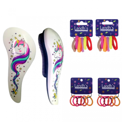 Kit Escova Desembaraça Unicornio +12 Elásticos Kids iBela Landhs