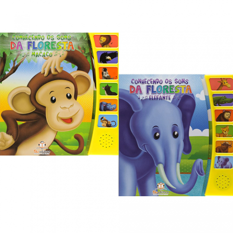 Kit 2 Livros Sonoros Conhecendo os Sons da Floresta Macaco + Elefante