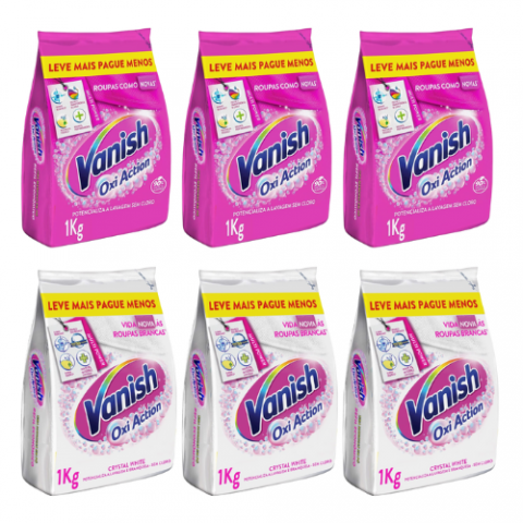3 Unidades Refil Vanish Tira Manchas Em Pó Oxi Action Crystal White ou Multi Power 1 Kg