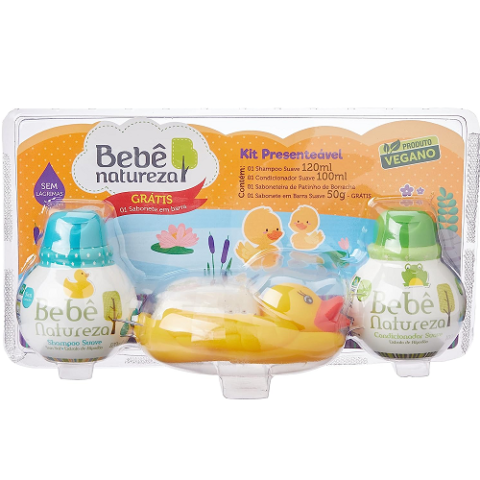 Kit Bebê Natureza Patinho Shampoo 120ml + Condicionador 100ml e Saboneteira com Sabonete em Barra