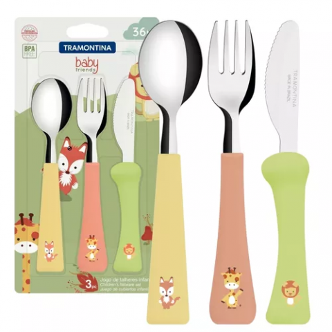 Jogo Talheres 3 Peças Inox Baby Friends Colorido Tramontina