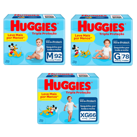 3 Pacotes Fralda Huggies Tripla Proteção M/G/XG