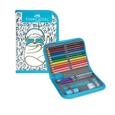 Estojo de Nylon + Kit Escolar Faber Castell Bicho Preguiça Azul