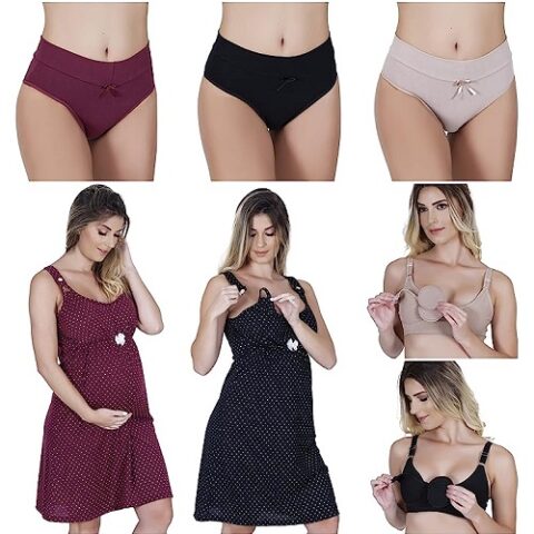 Kit Maternidade 2 Camisolas Abertura na alça + 2 Sutiãs Amamentação + 3 Calcinhas Cós Pós Parto
