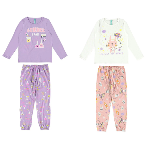 Pijama Malwee Kids Longo Infantil Science Fair Lilás ou Off White