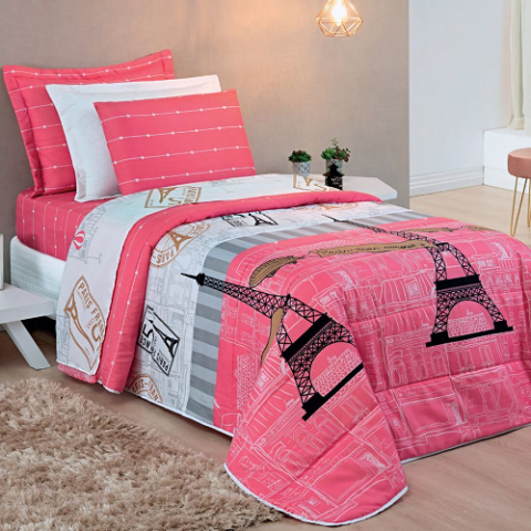 Cobre Leito Dupla Face Infantil Paris Estampado 2,40m x 1,80m + Porta Travesseiro