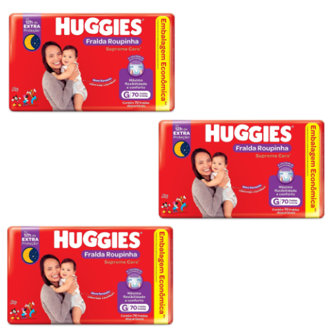 3 Pacotes Fralda Huggies Roupinha Supreme Care G 70 unidades