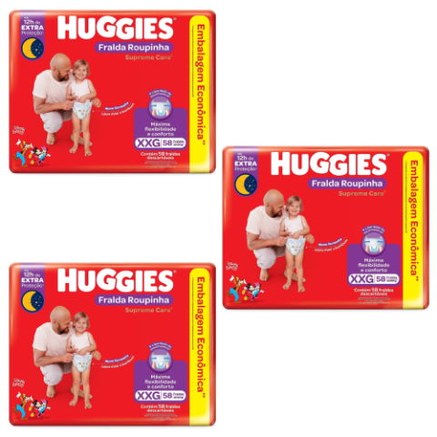 3 Pacotes Fralda Huggies Roupinha Supreme Care XXG 58 unidades