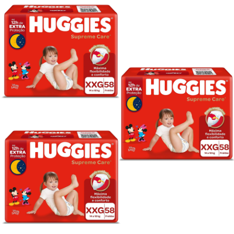 3 Pacotes Fralda Supreme Care Huggies XXG 58 unidades