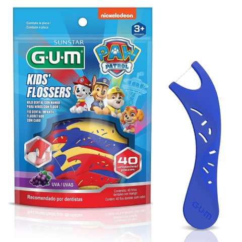 Fio Dental Infantil com Haste Flosser GUM Patrulha Canina Sabor Uva 40 Unidades