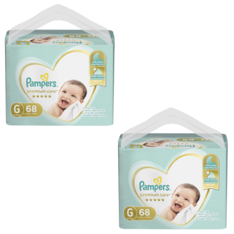 2 Pacotes Fralda Pampers Premium Care G 68 unidades