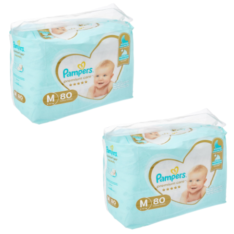 2 Pacotes Fraldas Pampers Premium Care M 80 Unidades