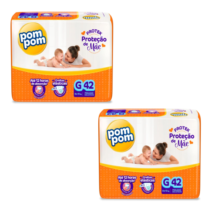 2 Pacotes Fraldas Pom Pom Protek Proteção de Mãe Mega G 42 Unidades