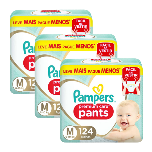 3 Pacotes Fralda Pampers Pants Premium Care M 124 Unidades Clubinho