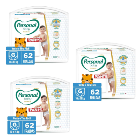 3 Pacotes Fralda Personal Baby Premium Pants G 62 Unidades