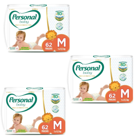 3 Pacotes Fralda Personal Baby Premium Protection M 62 unidades