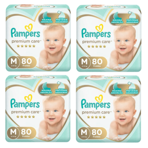 4 Pacotes Fralda Pampers Premium Care M 80 Unidades