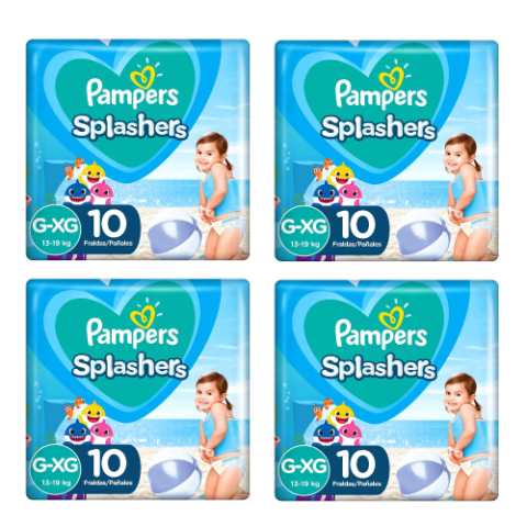 4 Pacotes Fralda Pampers Splashers Baby Shark G-XG 10 Unidades