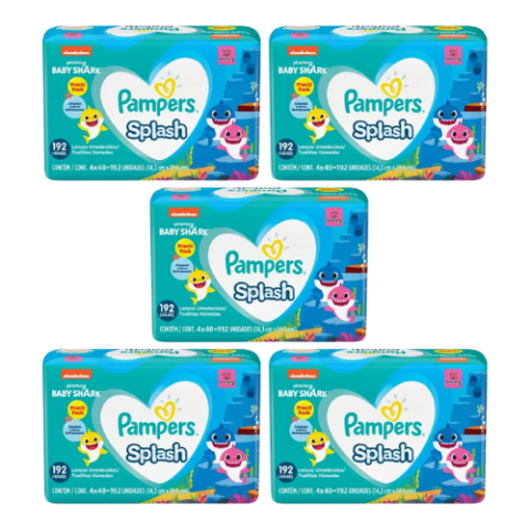 5 Packs Lenço Umedecido Baby Shark Pampers Splash Pacote 4 Unidades