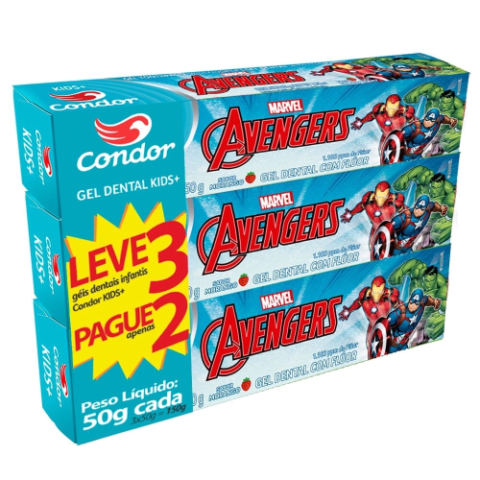 Kit 3 Unidades Gel Dental Condor Kids+ Avengers com Flúor Morango