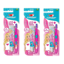 Kit 3 Escovas Infantil Macia + 3 Gel Dental Condor Com Flúor Tutti Frutti Barbie 50g