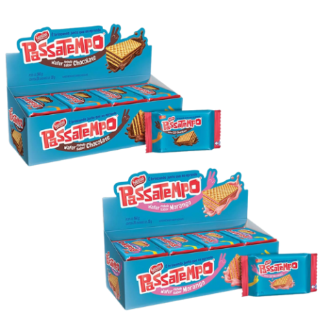 Pack 28 Unidades Biscoito Passatempo Wafer Morango ou Chocolate 20g