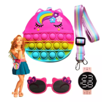 Relógio Led Infantil Menina + Bolsa Pop It + Óculos Gatinha de Sol