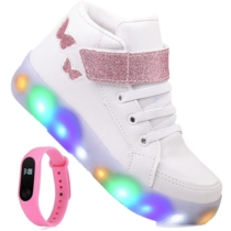 Tenis Infantil Botinha Led Feminino Cano Alto Borboleta + Relogio
