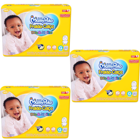 3 Pacotes Fralda-Calça MamyPoko Dia & Noite G 50 unidades