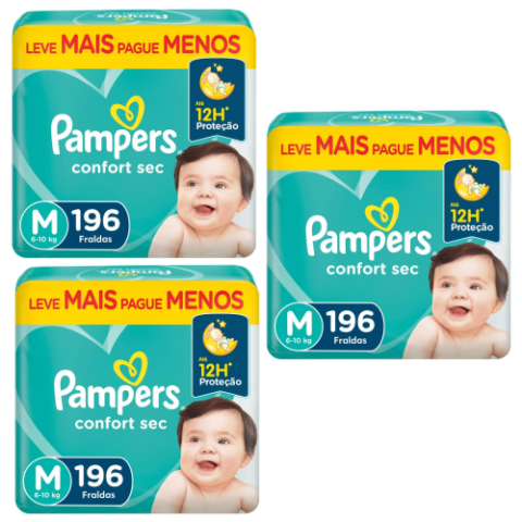 3 Pacotes Fralda Pampers Confort Sec M 196 Unidades