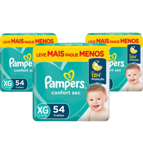 3 Pacotes Fralda Pampers Confort Sec XG 54 Unidades
