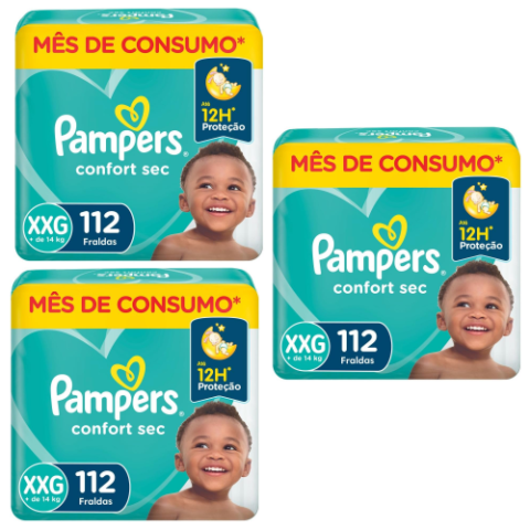 3 Pacotes Fralda Pampers Confort Sec XXG 112 Unidades