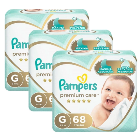 3 Pacotes Fraldas Pampers Premium Care G 68 Unidades