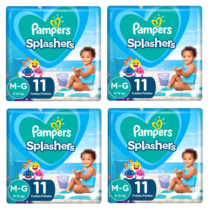 4 Pacotes Fralda Pampers Splashers Baby Shark M-G 11 Unidades